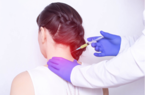 Doctor injects plasma therapy into the girls neck to relieve pain